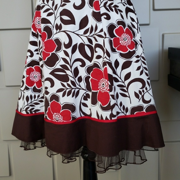 Ruby Rox dress sundress brown white red floral spaghetti strap full skirt Size 9 - Picture 3 of 4
